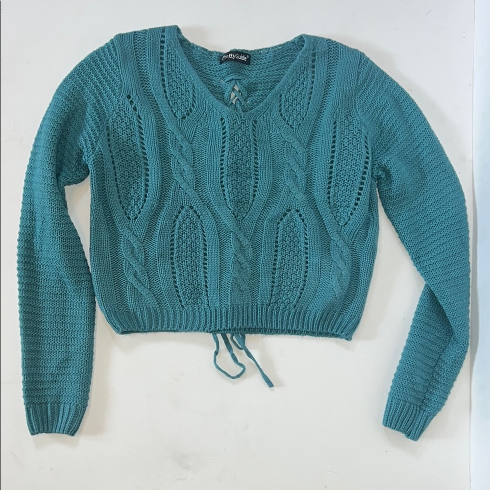 Teal Cable Knit V-Neck Sweater